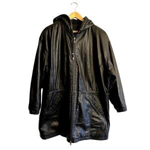 Wilsons Leather Jacket Womens Large 90s Black Hooded Parka Long Adjustable Goth